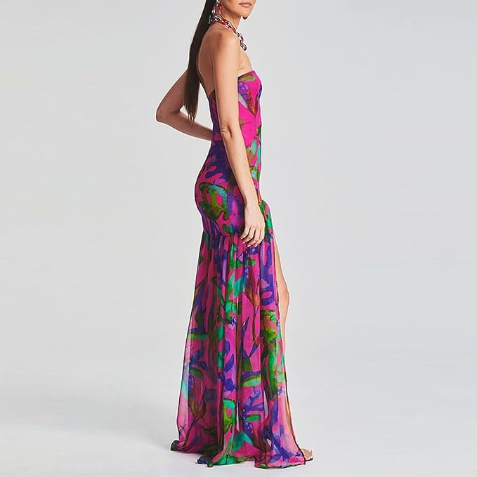 Sexy Mesh Slit Floral Maxi Dress
