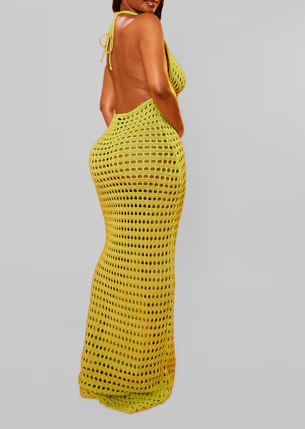 Crochet Knit Halterneck Open Back Maxi Dress