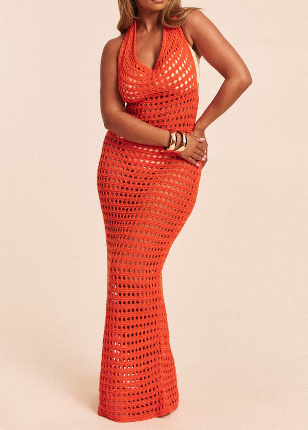 Crochet Knit Halterneck Open Back Maxi Dress