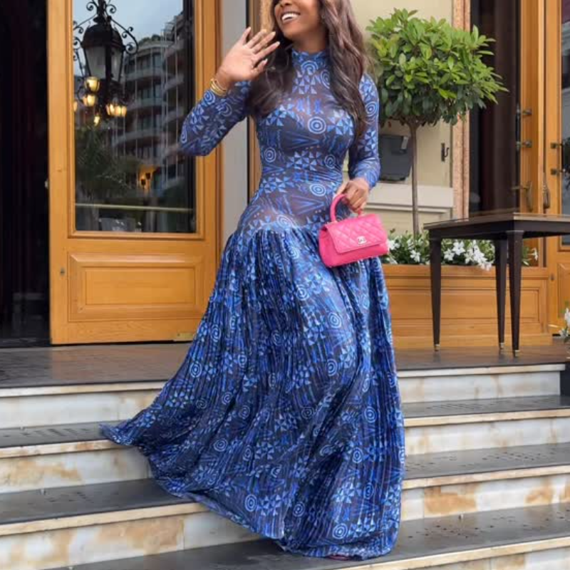 Blue Floral Long Sleeve Maxi Dress