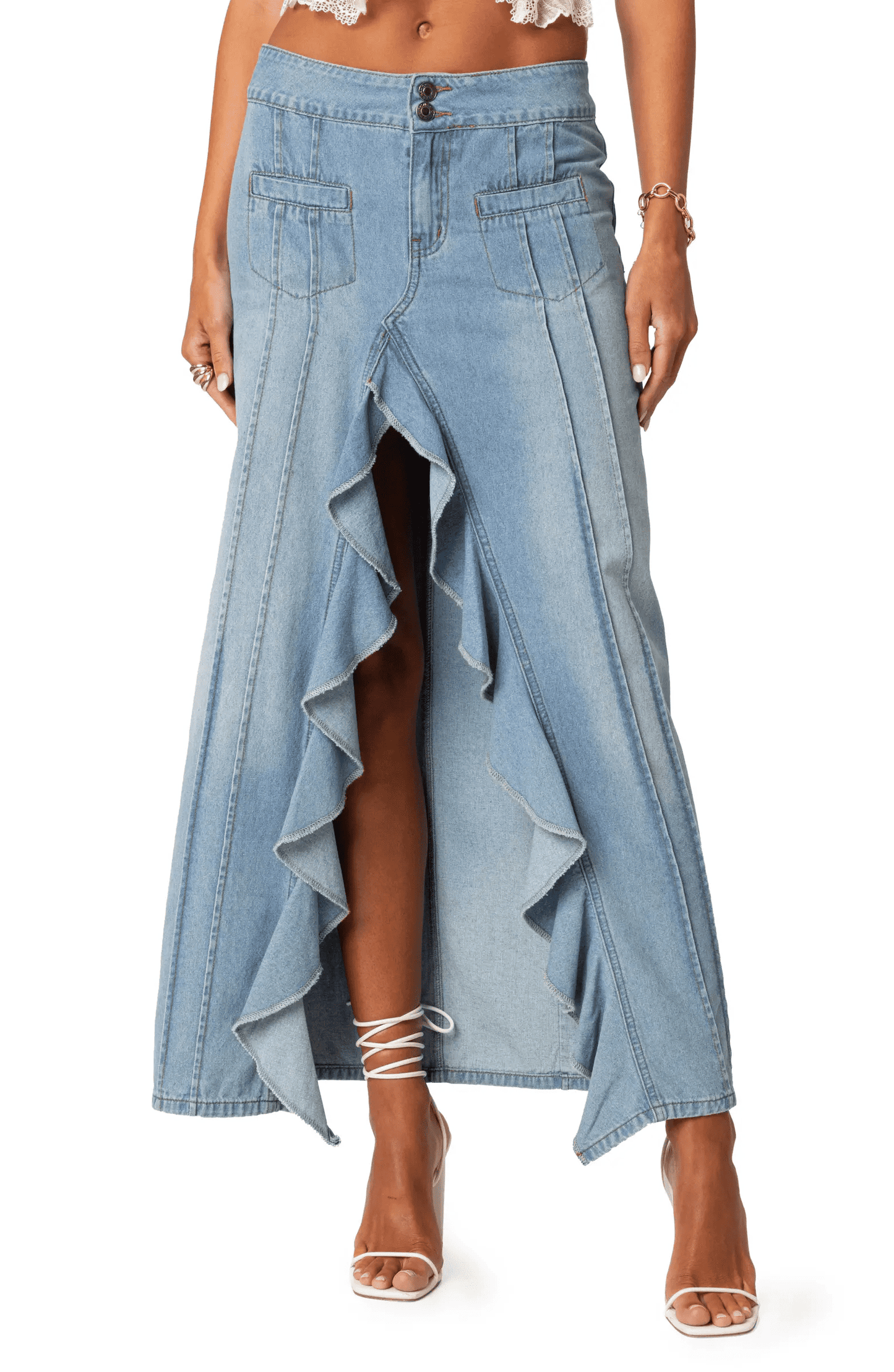 Ruffle Slit Front Denim Maxi Skirt