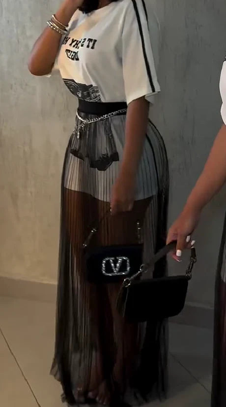 Loose Long T-Shirt + Tulle Mesh Skirt Set