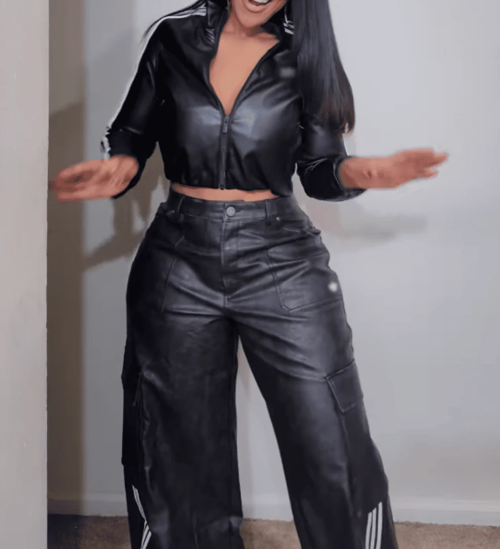 Vintage Faux Leather Jacket Long Pants Two Piece Set