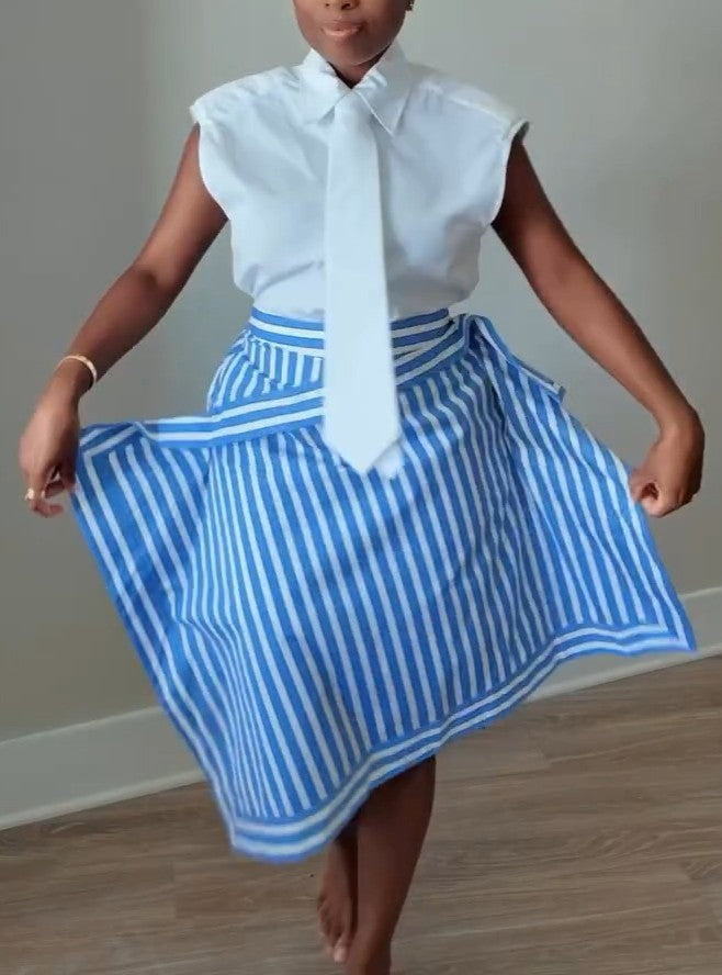 Sleeveless Tie Shirt + Irregular Striped Skirt