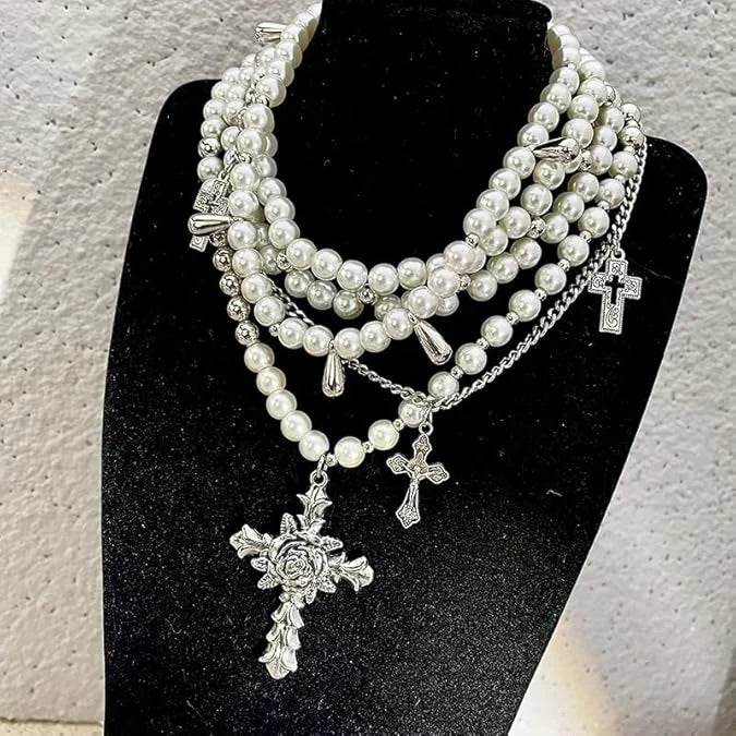Layered Pearl Necklace Gothic Cross Pearl Stacking Necklace