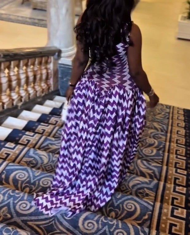 Mesh Dress In Purple ( White Zigzag Print )