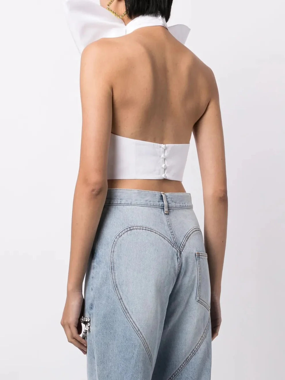 Distressed Crystal Bow Halter Top in White