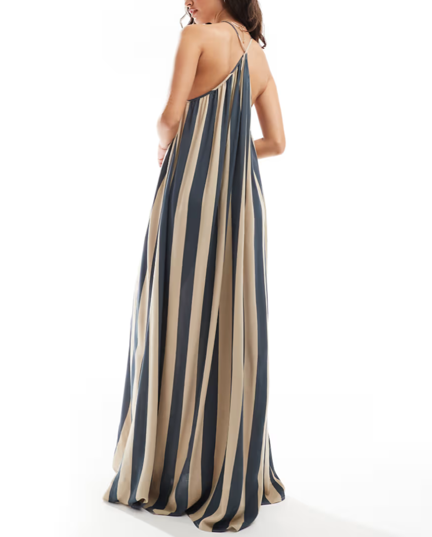 Navy And Beige Stripe Maxi Dress