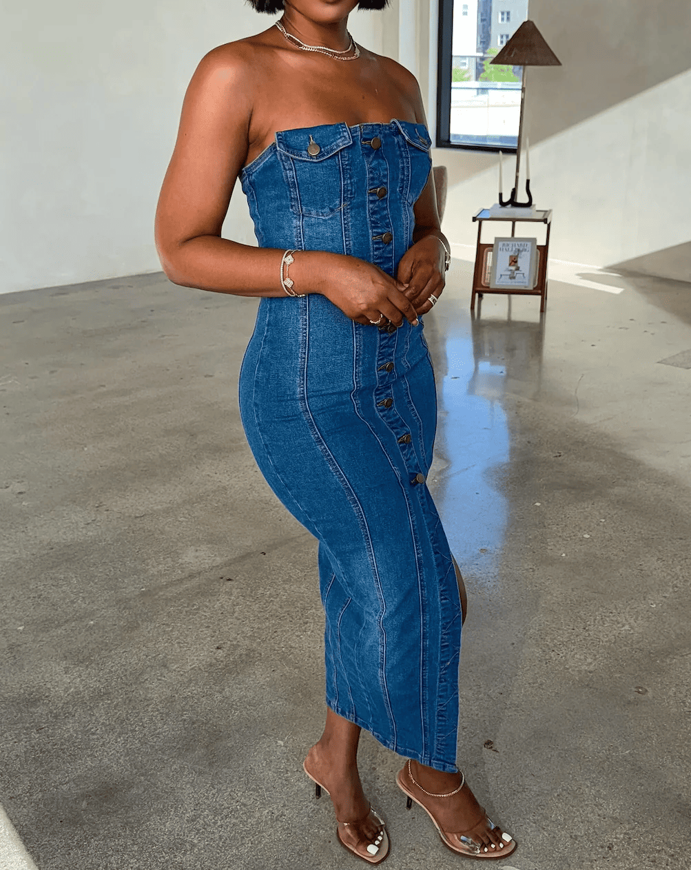 Stretchy Button Denim Dress