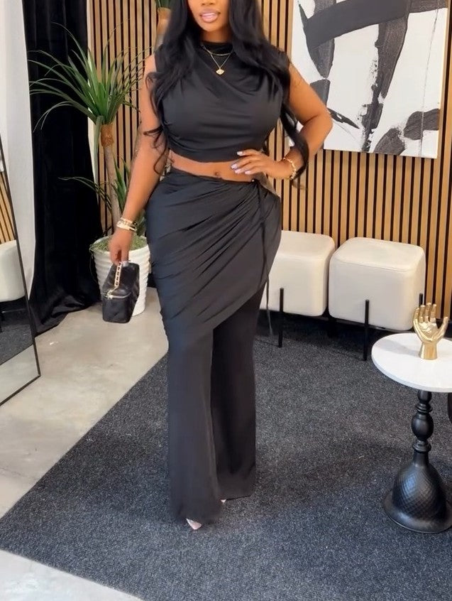 Round-Neck Pleated Top + High-Waisted pleated Flared Pants