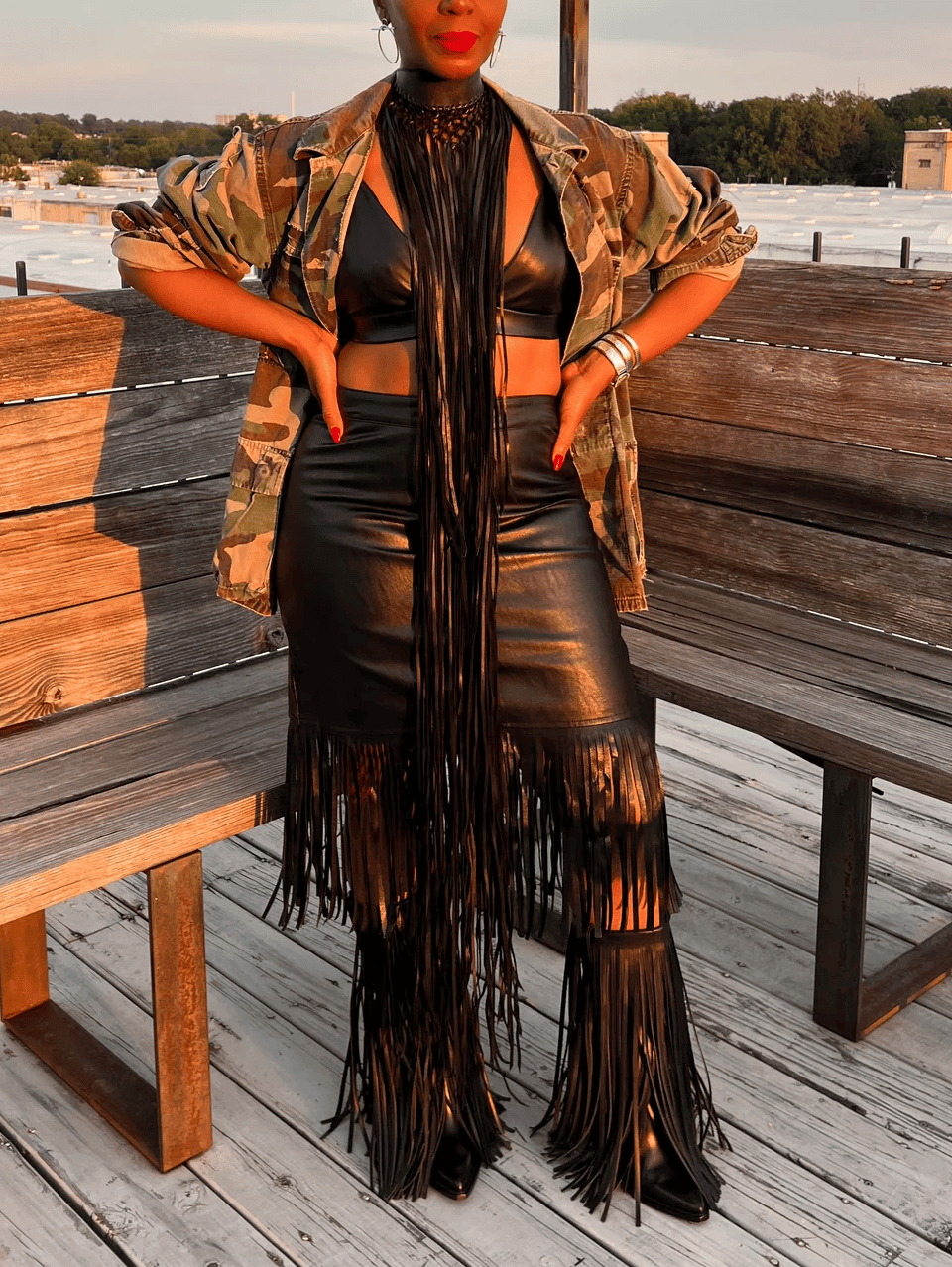 Leather Top+ Fringe Skirt