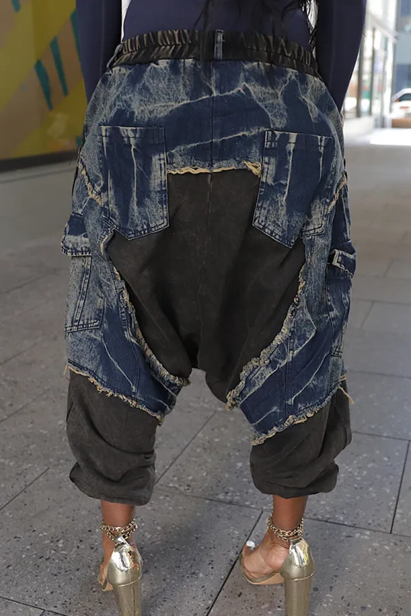 Mid Waist Casual Pocket Patchwork Harem Denim Jeans