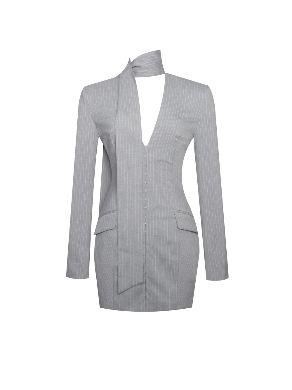 V Neck Pinstripes Gray Blazer Dress With Scarf Collar