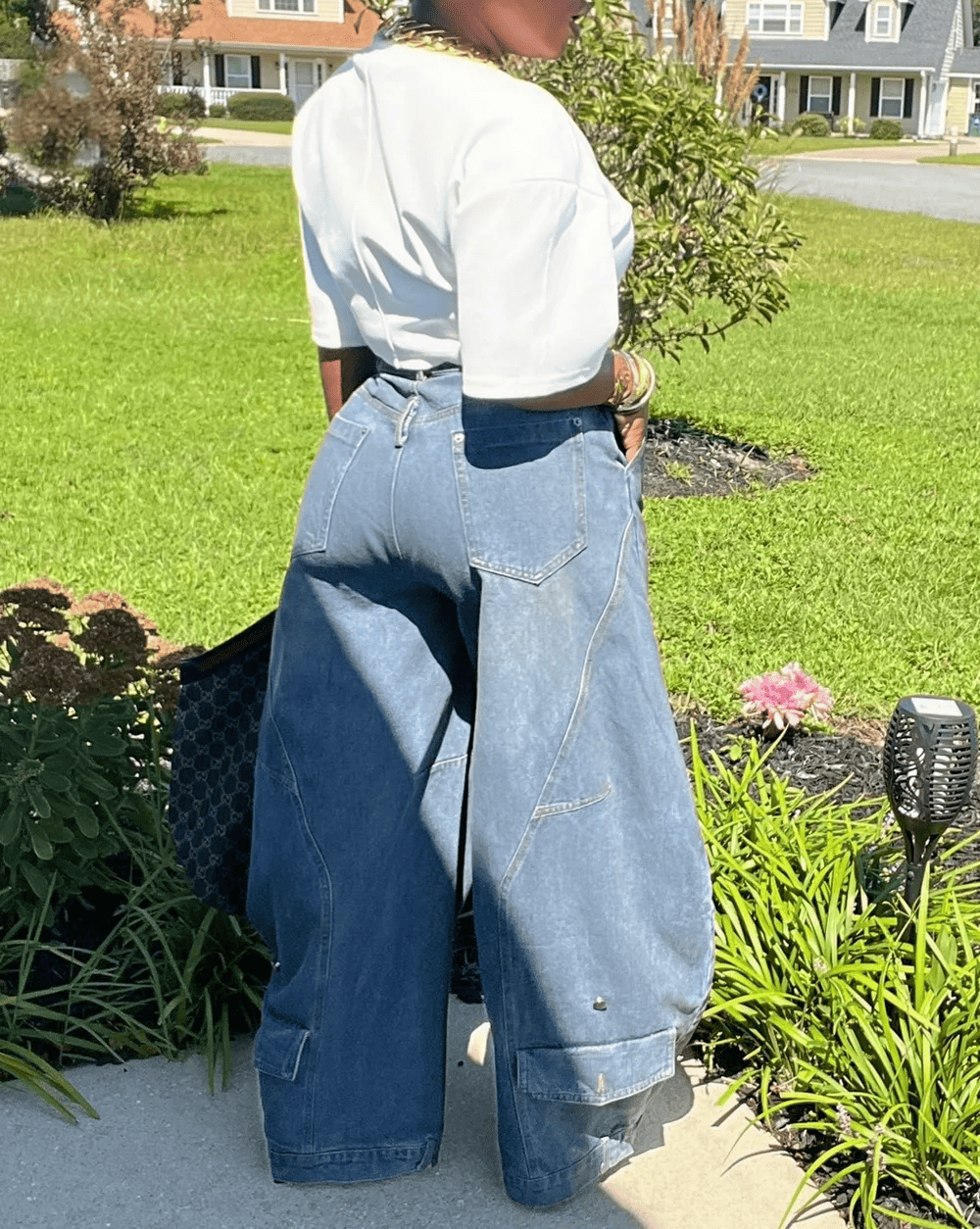 Oversized Flap Over Statement Wide-Leg Denim Pants