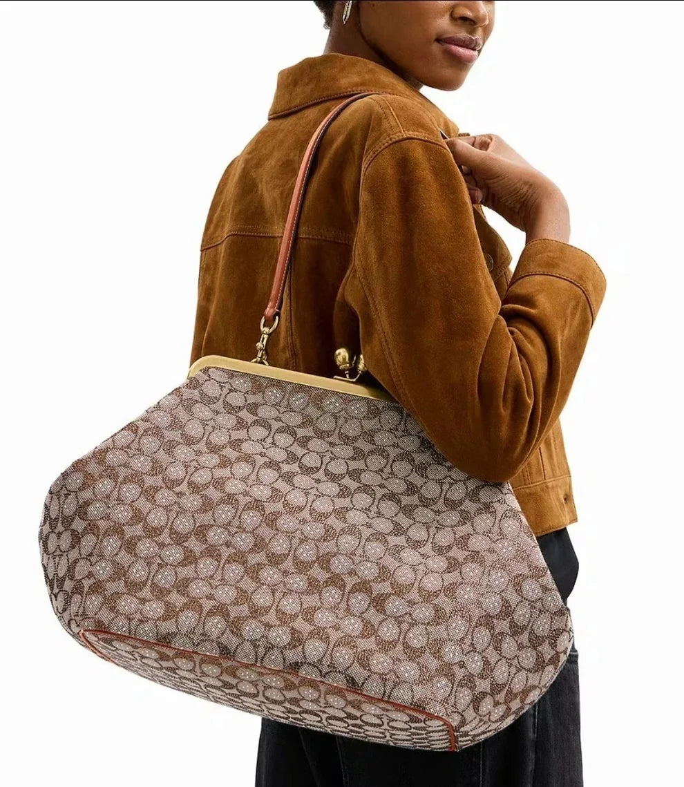 Large Oversized Lock Frame Crystal Jacquard Shoulder Bag