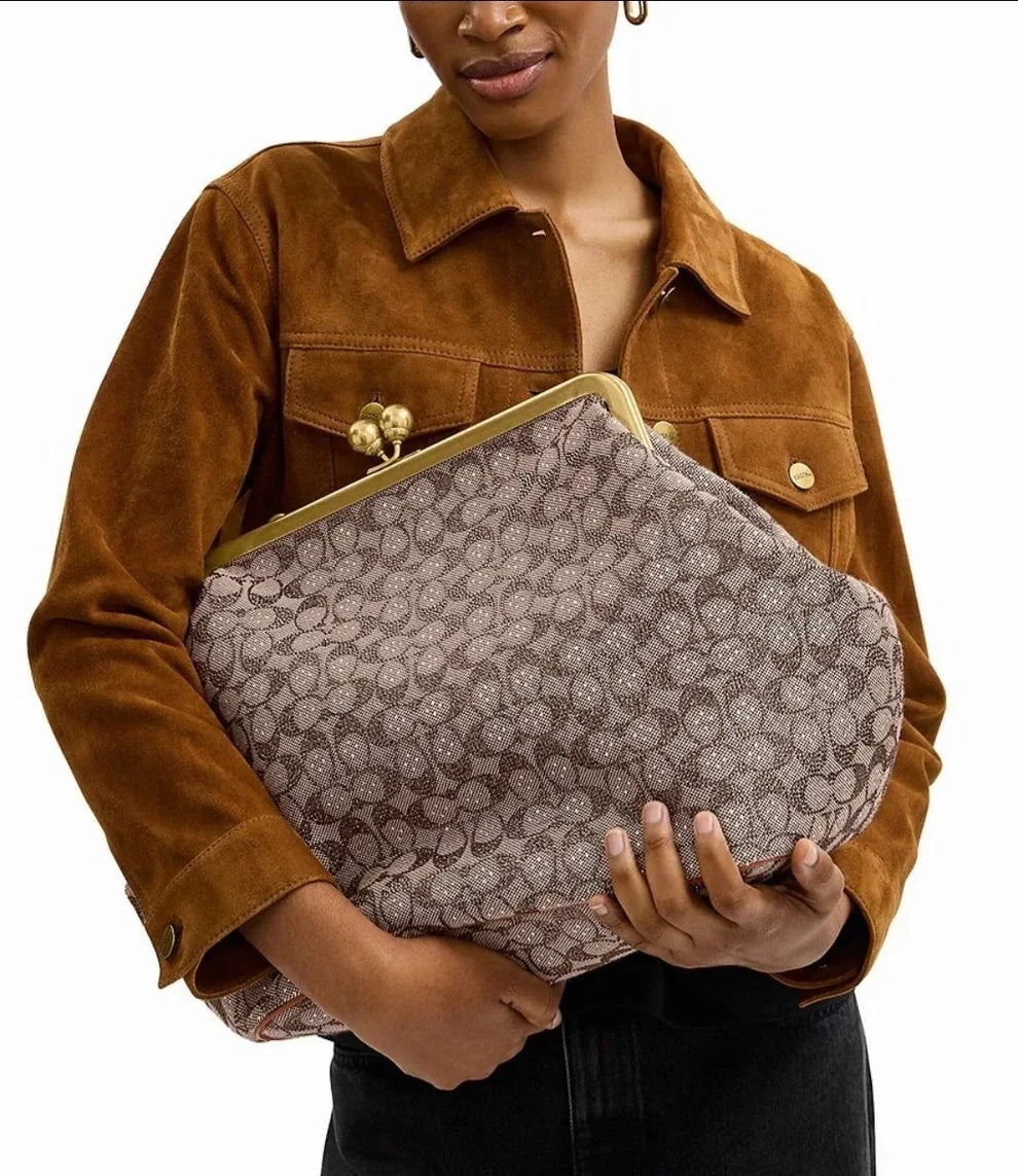 Large Oversized Lock Frame Crystal Jacquard Shoulder Bag