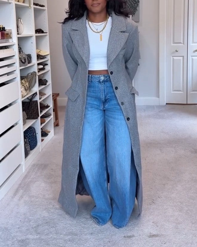 Long Sleeve Cinched Waist Wool Look Maxi Coat