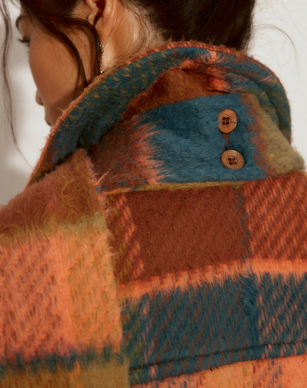 Rainbow Plaid Wool Coat With Detachable Scarf