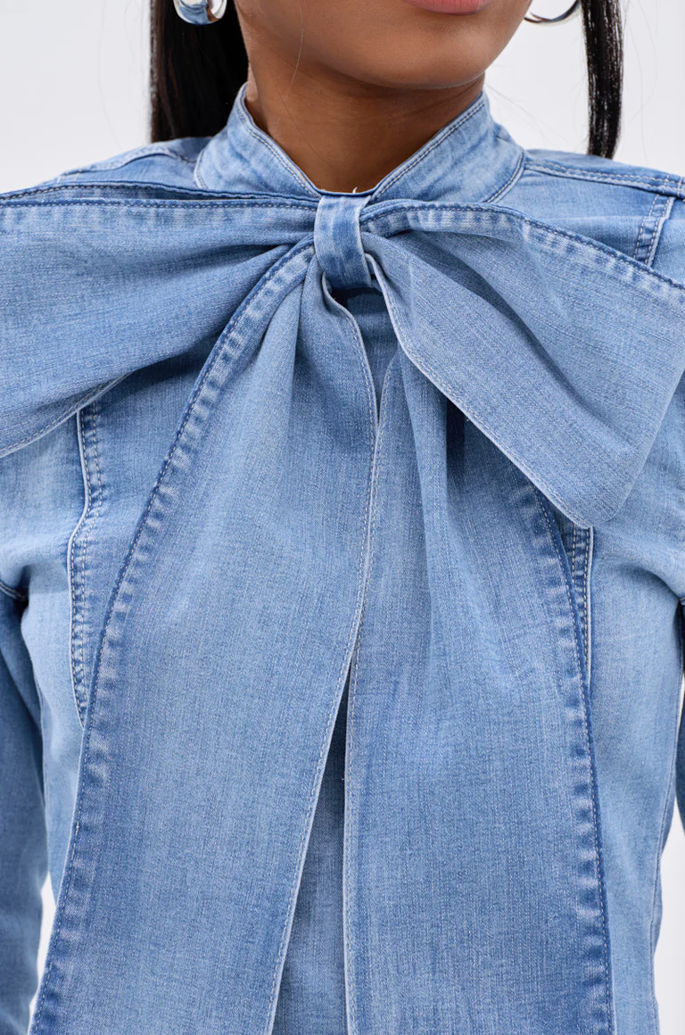 Bow Tie Denim Long-Sleeve Top