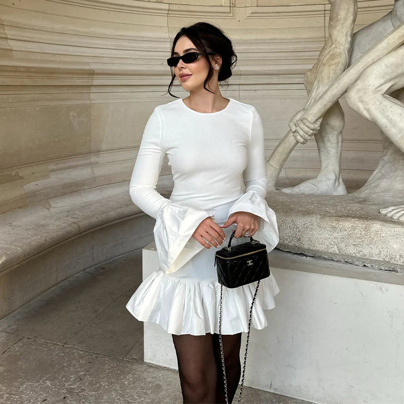 Spliced Long Sleeve Slim Flared Sleeve Dress