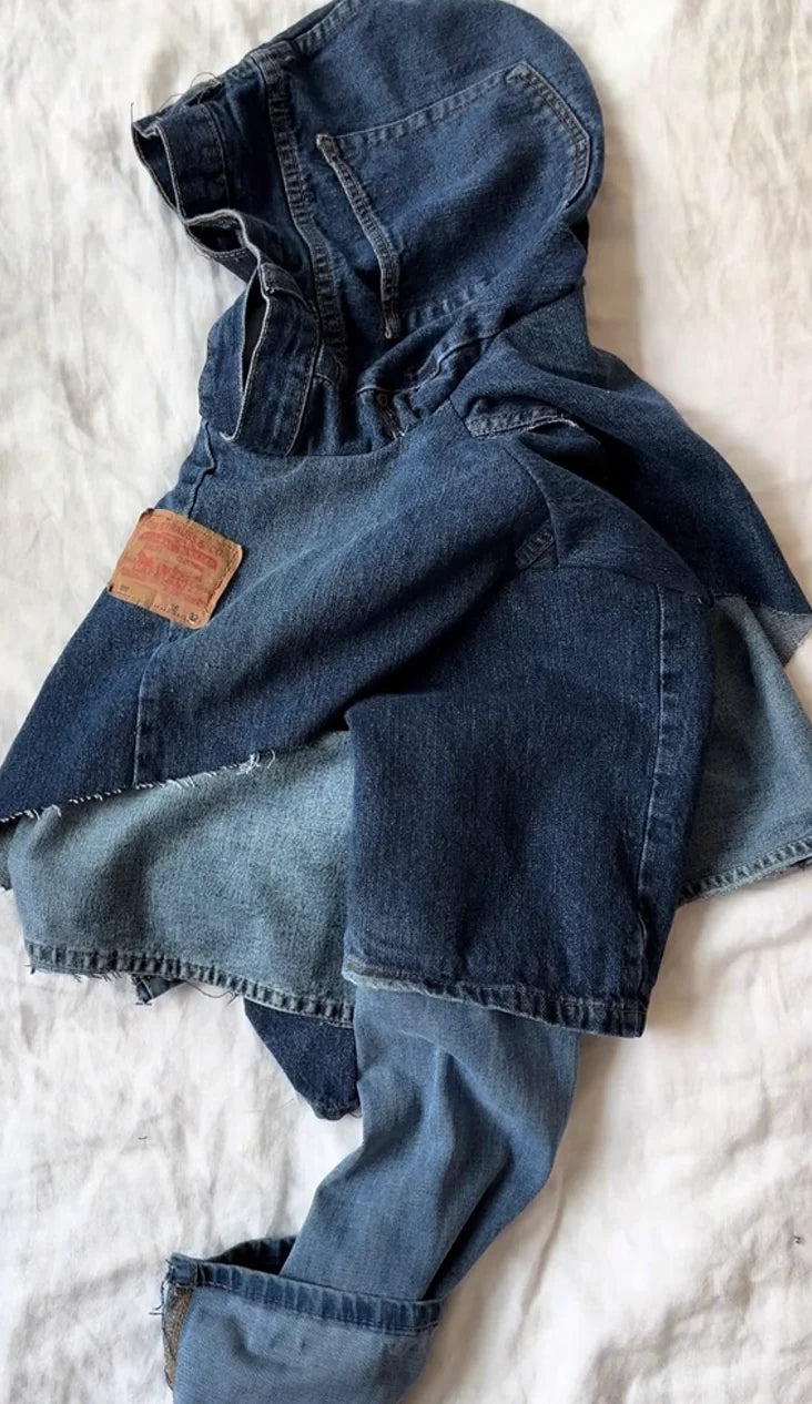 Irregular Denim Patchwork Cropped Hoodie