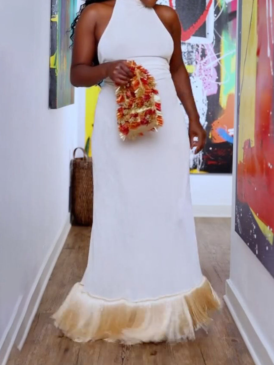 Halter Neck Open Back Fringe Hem Dress