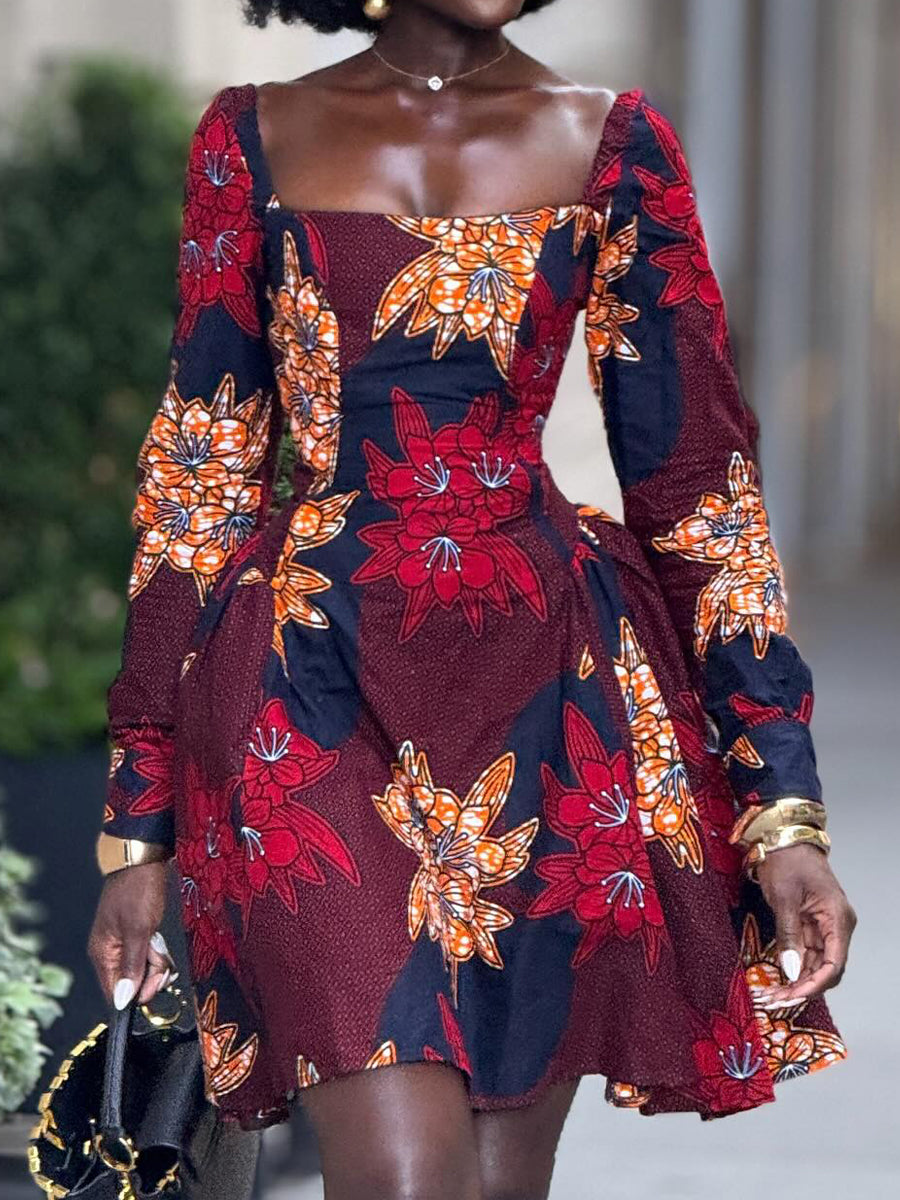 Square Collar Printed Mini Dress