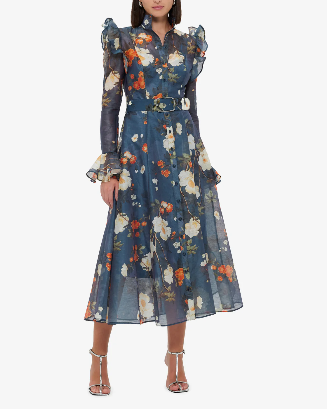 High Collared Neck Printed Ruffled Dress