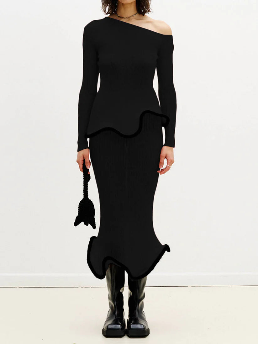 Sexy Irregular Hem Knit Sweater Two Pieces Dress