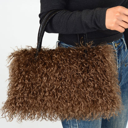 Imitation Wool Tote Bag With Genuine Leather Handles Handbag