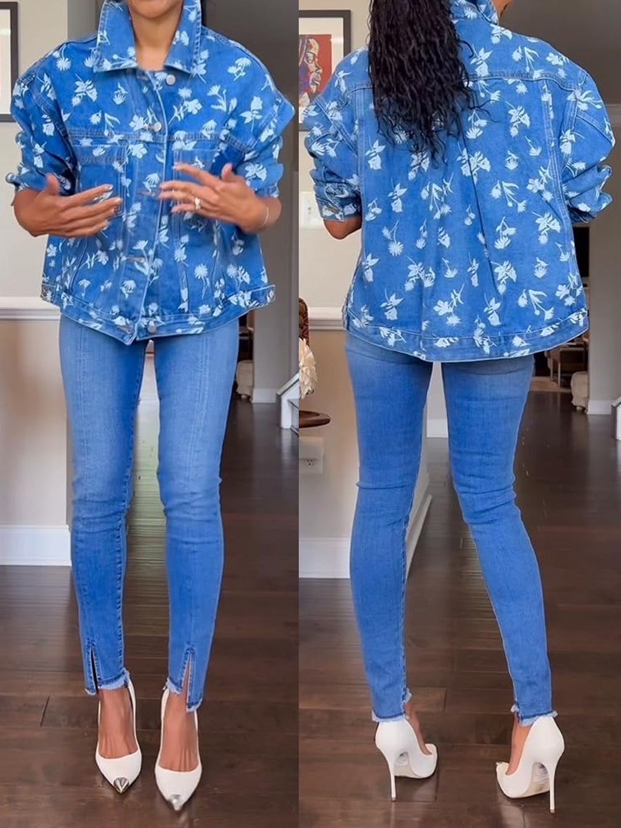 Printed Oversized Button Down Denim Jacket