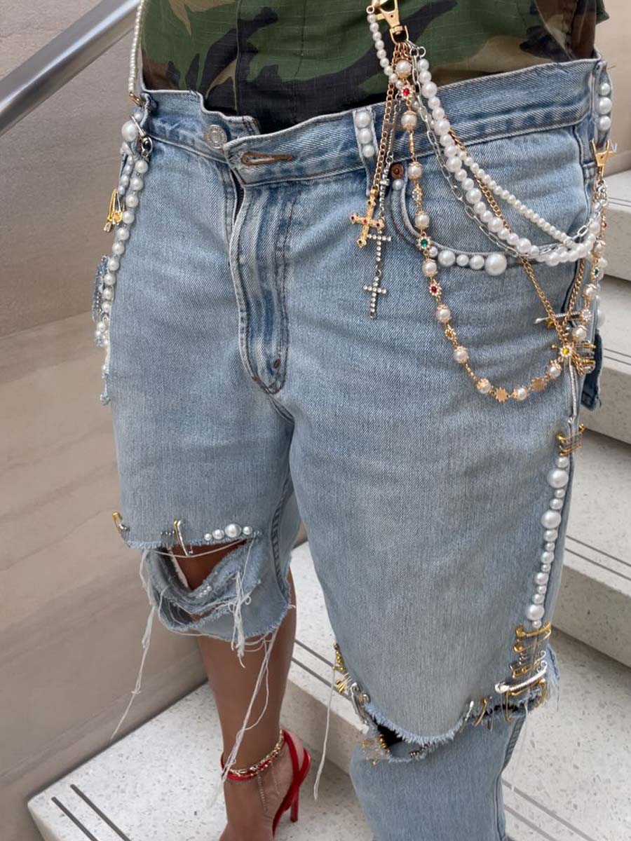 Asymmetric Camouflage Patchwork Ripped Jeans