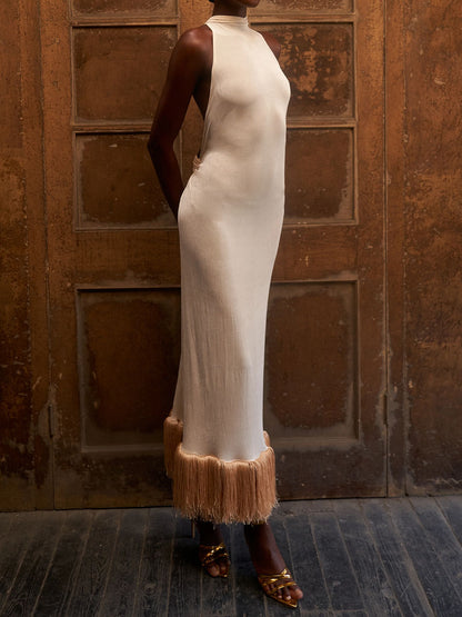 Halter Neck Open Back Fringe Hem Dress