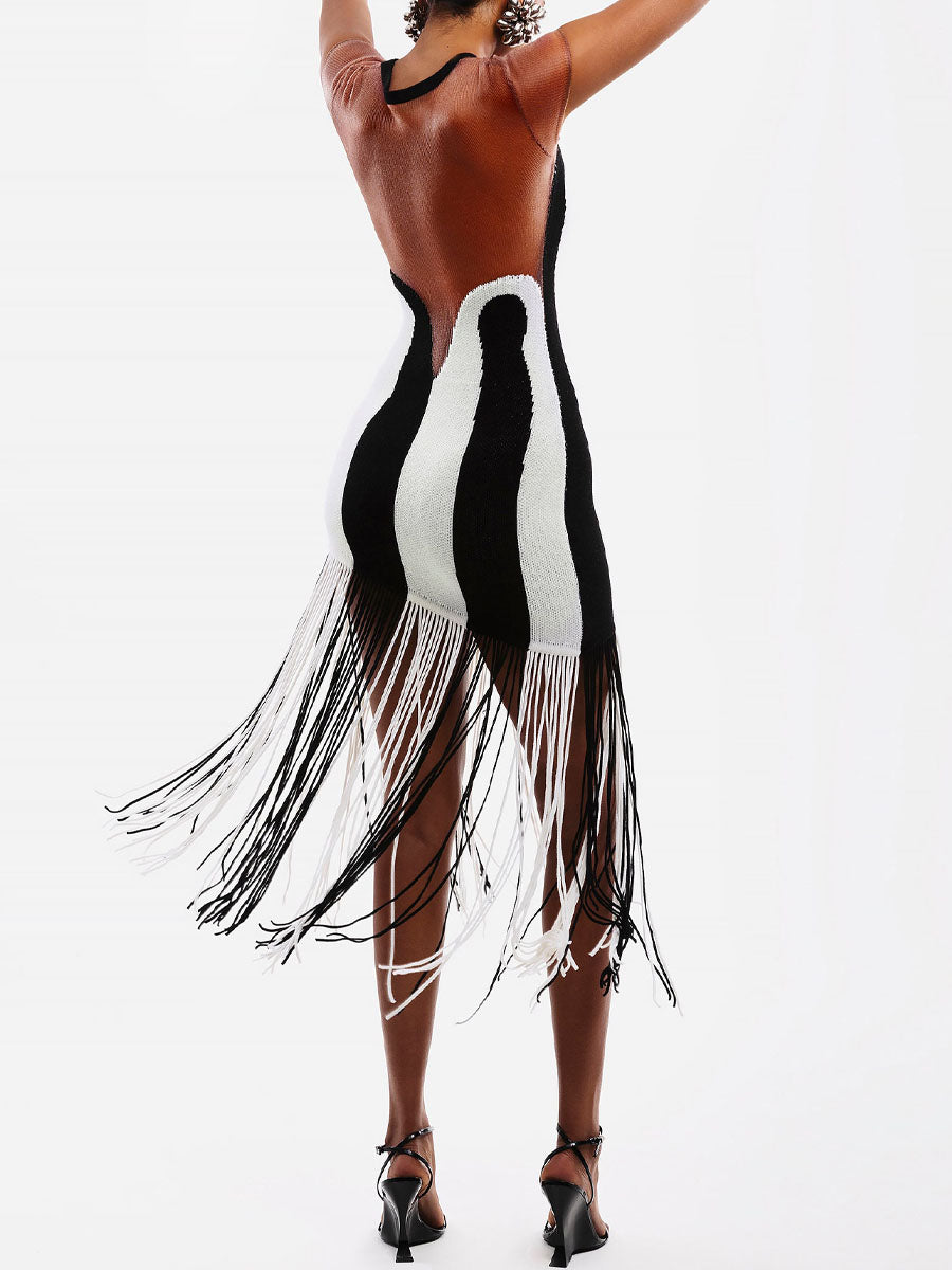 Striped Print Tassel Hem See-through Dress