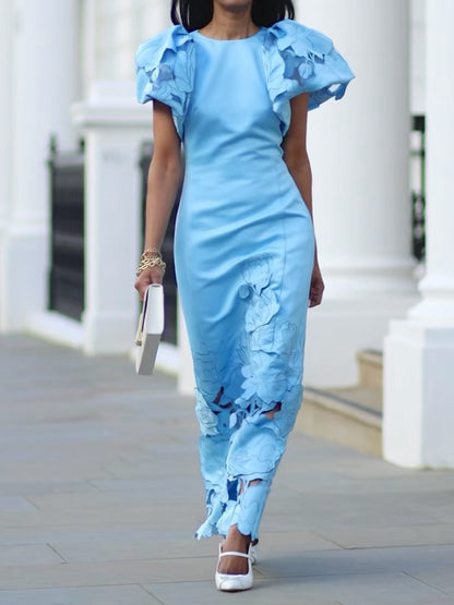 Appliques Puff Sleeve Maxi Dress