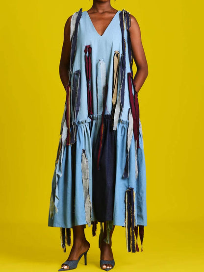 Patchwork Fringed Denim Maxi Dress