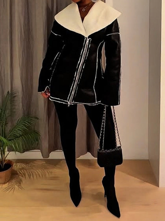 Fur Lapel Zipper Pockets Jacket