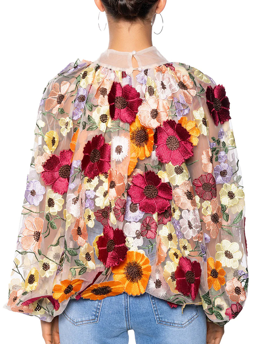 3D Flower Mock Neck Blouse