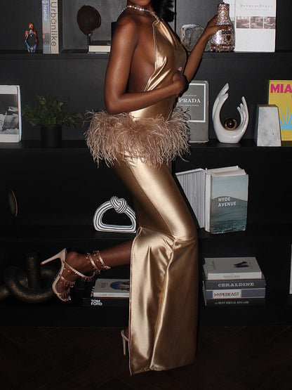 Rhinestone Sparkle Feather Satin Dress