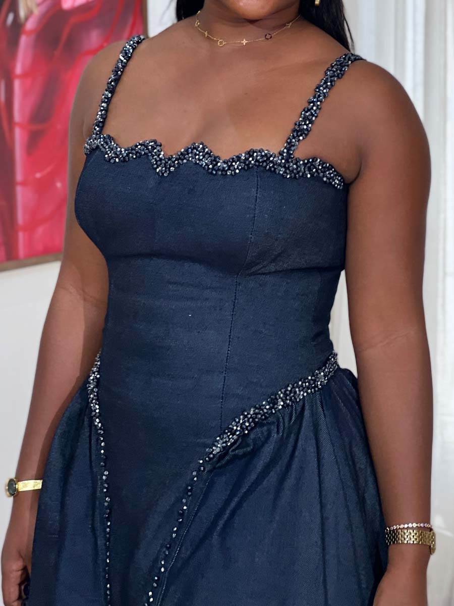 Shinny Sequined Denim Sling Dress