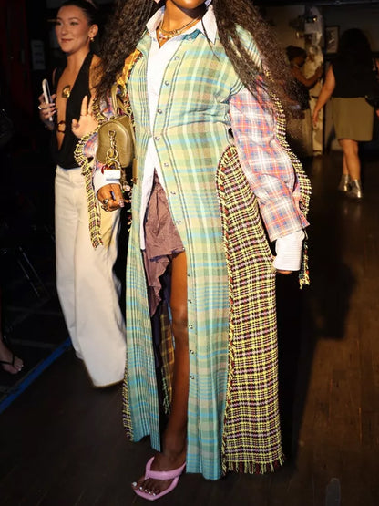 Fringed Check-Print Patchwork Shirtdress