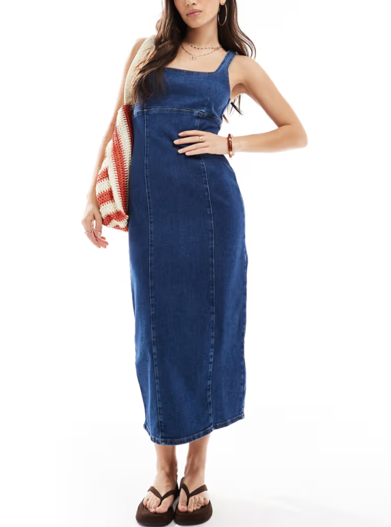 Striped Top + Stretchy Denim Suspender Dress