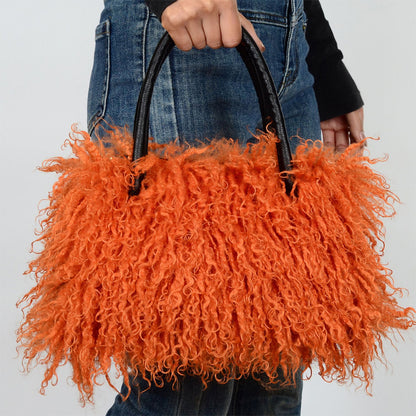 Imitation Wool Tote Bag With Genuine Leather Handles Handbag