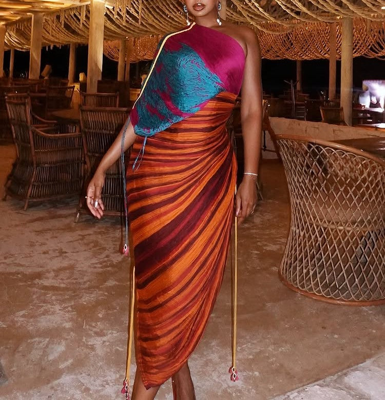 Printed Multicolor Pleated Irregular Dress