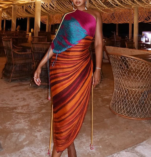 Printed Multicolor Pleated Irregular Dress