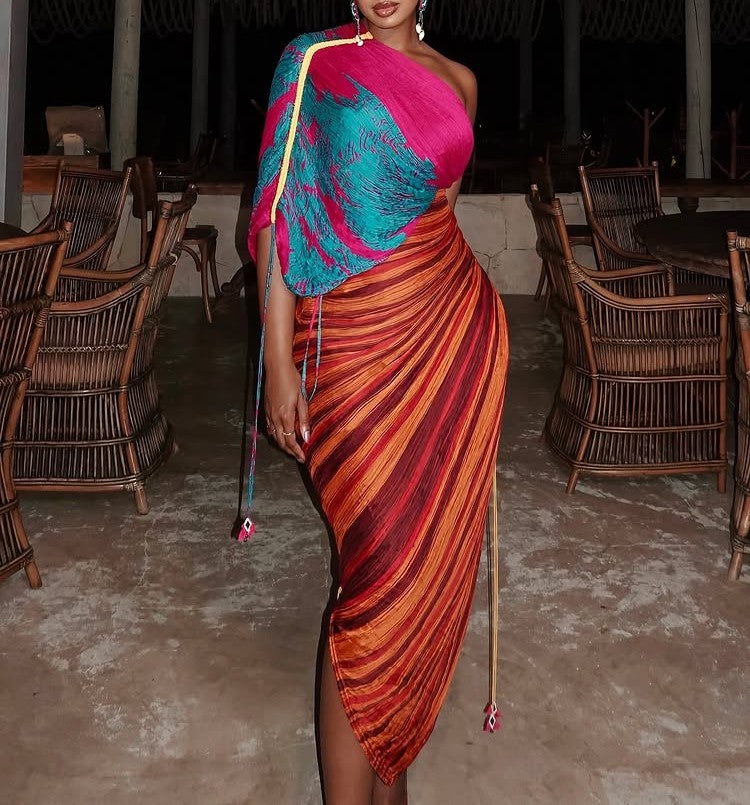 Printed Multicolor Pleated Irregular Dress