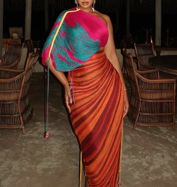 Printed Multicolor Pleated Irregular Dress