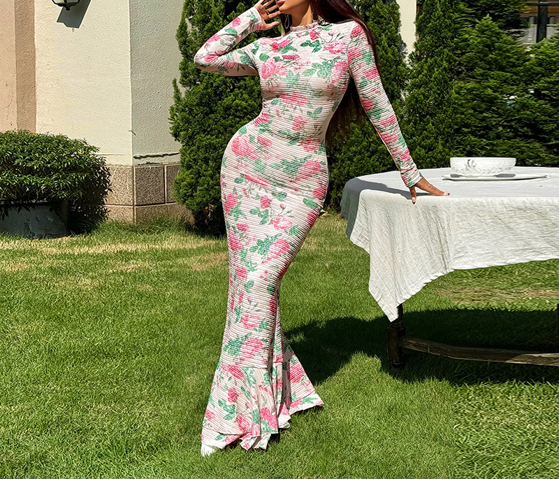 Temperament Long Sleeve Slim Printed Dress