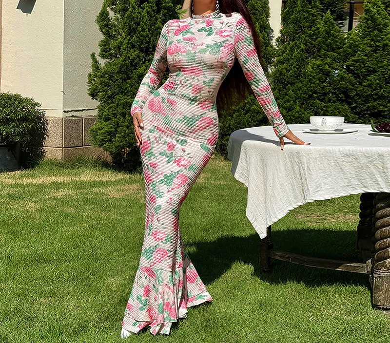 Temperament Long Sleeve Slim Printed Dress