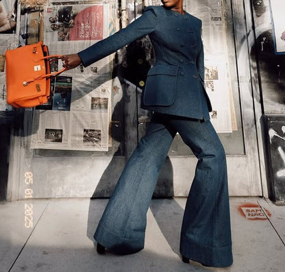 Slim Double Breasted Flared Jeans Denim Set